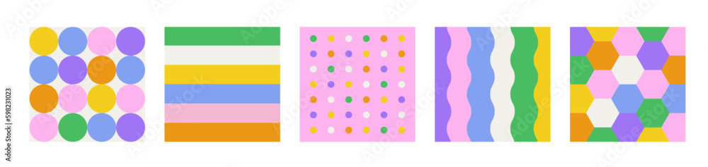 Poster set of minimal trendy color geometric covers. squared background collection with lines and dots for 