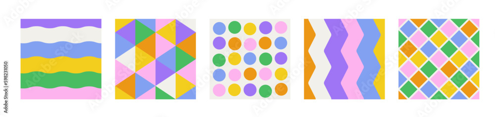 Poster set of minimal trendy color geometric covers. squared background collection with lines and dots for 