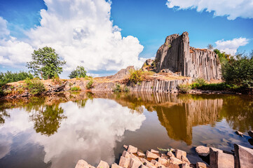 Polygonal structures of basalt columns, natural monument Panska skala. Basalt organ pipes of Panska...