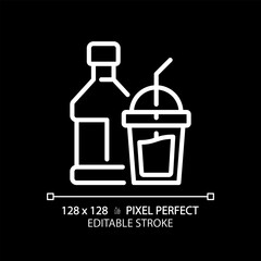 Beverage pixel perfect white linear icon for dark theme. Soft drink. Glass bottle. Cocktail party. Product category. Thin line illustration. Isolated symbol for night mode. Editable stroke