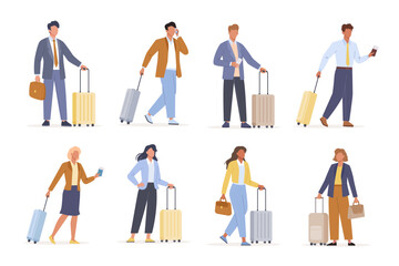Business people on a business trip set. Female and male character walk, stand, talk