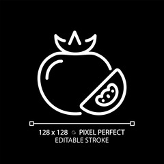 Vegetables pixel perfect white linear icon for dark theme. Fiber food. Vegan meal. Grocery shopping. Fresh tomato. Thin line illustration. Isolated symbol for night mode. Editable stroke