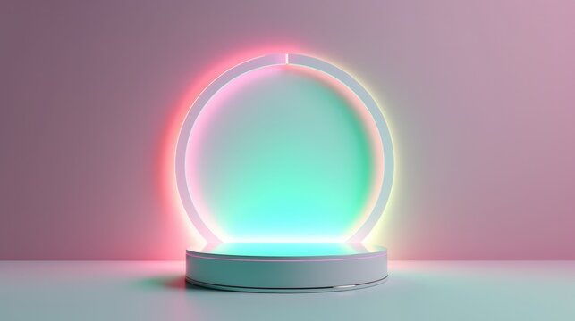 Pink and Blue Plinth with Neon Lights. Pastel colored product stage. Generative AI.