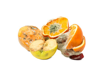 Fruits and vegetables with mold, isolated on white background - obrazy, fototapety, plakaty