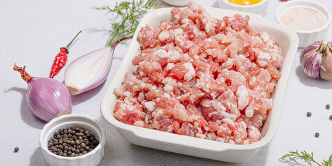 Raw minced meat, spices and herbs. Traditional ingredients for cooking cutlets or meatballs