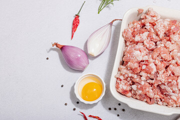 Raw minced meat, spices and herbs. Traditional ingredients for cooking cutlets or meatballs
