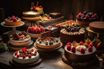 Fototapeta na wymiar Varieties of tasty cakes displayed at bakery. Generative AI