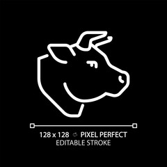 Beef pixel perfect white linear icon for dark theme. Cattle ranching. Meat section. Cow head. Steak house. Deli product. Thin line illustration. Isolated symbol for night mode. Editable stroke