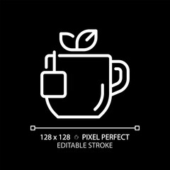 Tea pixel perfect white linear icon for dark theme. Comforting hot drink. Warm beverage. English breakfast. Herbal infusion. Thin line illustration. Isolated symbol for night mode. Editable stroke