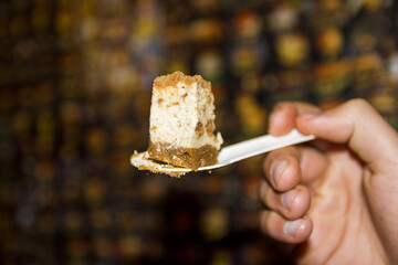 A person is holding a piece of cheesecake with a spoon foody concept copy space