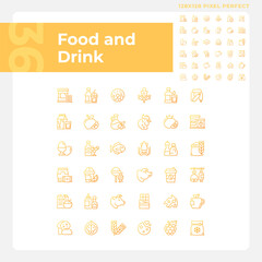 Food and drink pixel perfect gradient linear vector icons set. Grocery store. Supermarket product categories. Thin line contour symbol designs bundle. Isolated outline illustrations collection