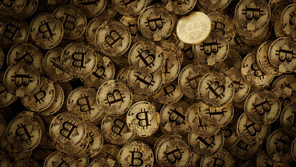 Bitcoin Cryptocurrency represented as Gold Coins. Blockchain Investing Wallpaper. 3D Render.
