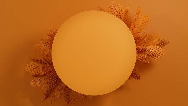 Circle Botanical Frame with Palm Plant Border. Orange, Contemporary Design with copy-space.