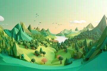 3d illustration of fantasy landscape with trees and lake in the mountains, paper cut style, generative Ai