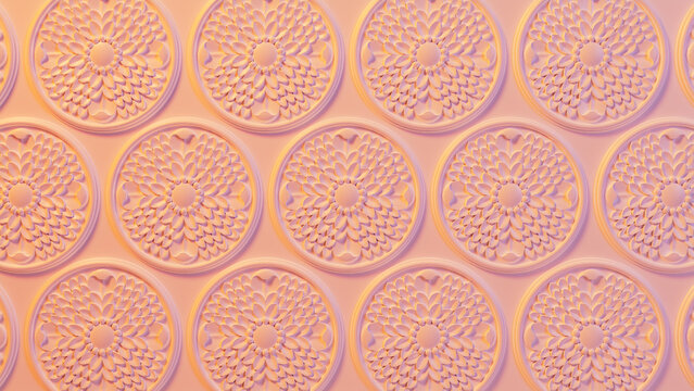 Intricate Light Ornate Pattern Wallpaper. Pink and Yellow 3D Rosette Background.