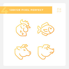 Meat and fish products pixel perfect gradient linear vector icons set. Protein source. Food group. Farm animals. Thin line contour symbol designs bundle. Isolated outline illustrations collection