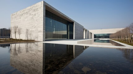 Fototapeta premium Lack of ornamental details on this building allows for the beauty of its simple shape form shine through. AI generated