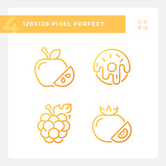 Supermarket items pixel perfect gradient linear vector icons set. Eating habits. Grocery list. Vegetarian food. Thin line contour symbol designs bundle. Isolated outline illustrations collection