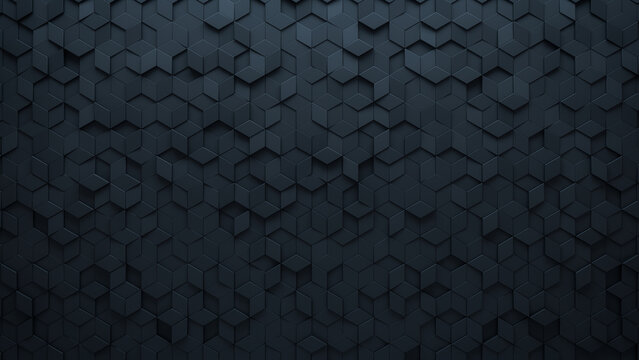 Polished Tiles arranged to create a Futuristic wall. Black, 3D Background formed from Diamond Shaped blocks. 3D Render