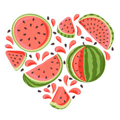 Watermelon slices and whole with a spray of juice in heart shape. Slice with red flesh and black seeds. Summer design for poster, banner, t shirt, card, flyer. Vector illustration