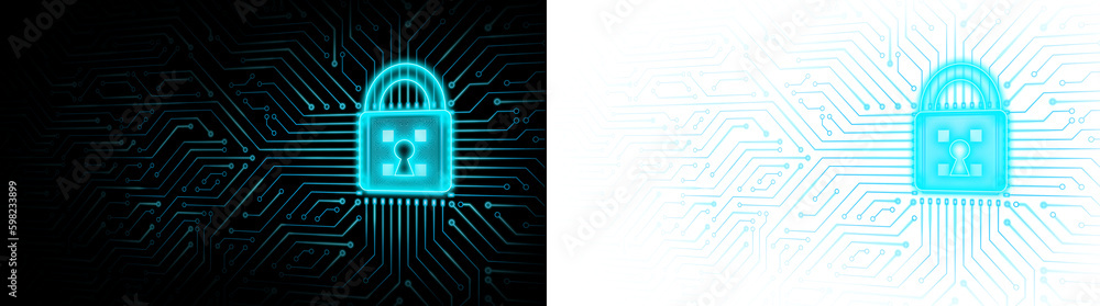 Poster cyber security concept: circuit board with closed padlock icon on it. blue padlock with circuit line