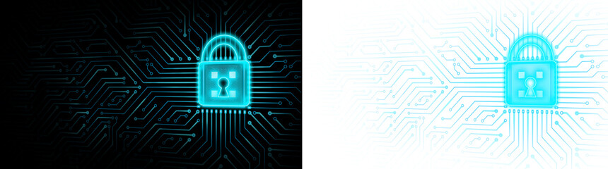 Cyber security concept: circuit board with closed padlock icon on it. Blue padlock with circuit line futuristic design. Futuristic protection background blue glow transparent background