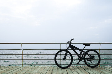 Fototapeta na wymiar Sea view with bicycle, space for text