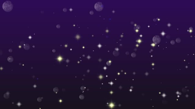 Floating star and bokeh particles on dark purple. Abstract celebration background with floating star and bokeh particles.