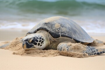 Sea turtle laying eggs on a sandy beac