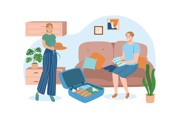 Travel blue concept with people scene in the flat cartoon style. Young couple packs things in a suitcase before leaving for a trip. Vector illustration.