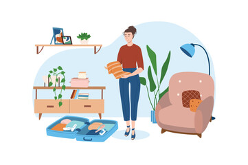 Blue concept Travel with people scene in the flat cartoon design. Woman packs her clothes and things to a suitcase before her big trip. Vector illustration.