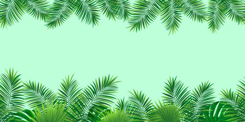 Amazon tropical leaves seamless pattern. vector illustration. Rainforest foliage template border frame. Jungle plants repeated banner. Green backdrop with tropic palm leaf monstera. Summer background