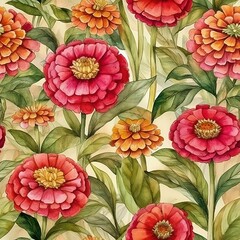 Red and orange zinnias flower. Botanical floral watercolor seamless pattern background. Generative AI