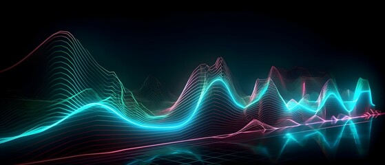 Fototapeta na wymiar Colorful rainbow neon wavy neon lines glowing. Cyan, green, purple, red, orange abstract futuristic background. Electronic music virtual equalizer, sound wave visualization. Generative AI