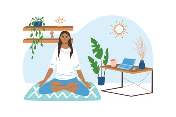 Obraz na płótnie Canvas Workplace blue concept with people scene in the flat cartoon design. Woman decided take a break and do yoga exercises on her work place. Vector illustration.