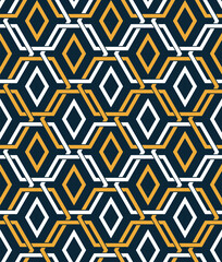 Seamless vector pattern. Geometric grid made of yellow and white intersecting hexagons and rhombuses on a blue background. Decorative illustration for fabrics, wrapping paper, print, and web.