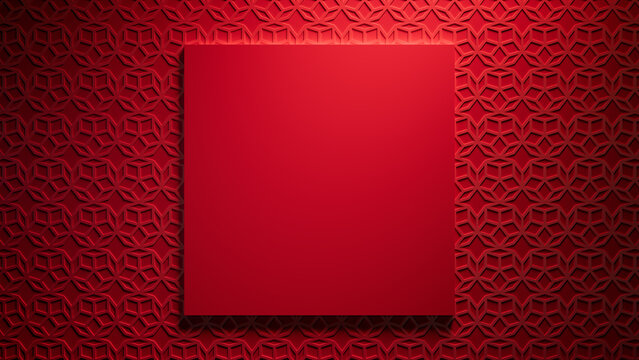 Chinese New Year Template with Square Frame on 3D Patterned Background. Red Eastern design with copy-space.