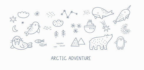 Cute cartoon arctic animais in doodle style. Arctic adventure vector print with bear, seal, whale, walrus, stars, tree, ocean