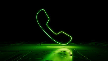Green Communication Technology Concept with phone symbol as a neon light. Vibrant colored icon, on a black background with high tech floor. 3D Render