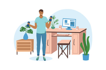Blue concept Workplace with people scene in the flat cartoon style. Business man does exercises with dumbbells near his workplace. Vector illustration.