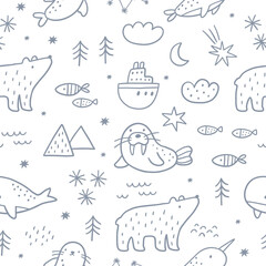 Cute cartoon arctic animais in doodle style. Arctic adventure vector seamless pattern with bear, seal, whale, walrus, stars, tree, ocean