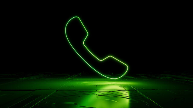 Green Communication Technology Concept with phone symbol as a neon light. Vibrant colored icon, on a black background with high tech floor. 3D Render