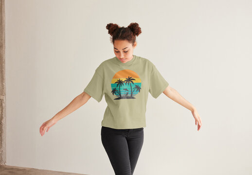 Mockup of customizable t shirt being modelled by woman, front view
