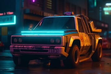 Cyberpunk-style pickup truck parked on street, illuminated by neon lights. Generative AI