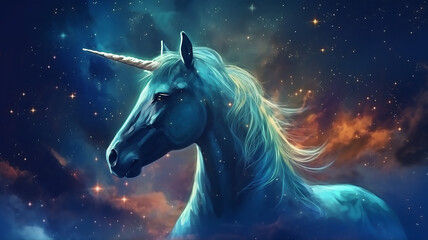 Obraz na płótnie Canvas Illustration of Unicorn with sky galaxy fantasy background, Fantasy Horse , generative ai tools 