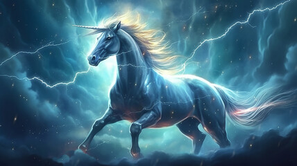 Obraz na płótnie Canvas Illustration of Unicorn with sky galaxy fantasy background, Fantasy Horse , generative ai tools 