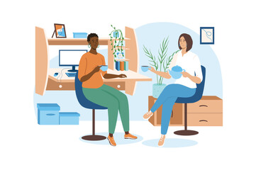 Obraz na płótnie Canvas Workplace blue concept with people scene in the flat cartoon style. Two colleagues decided take a break and discuss some work issues. Vector illustration.