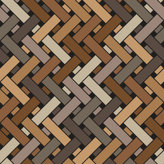 Abstract geometric wicker texture. Brown interlaced diagonal stripes on a black background. Basketwork style. Seamless repeating pattern. Vector image for printing, textile, wrapping, and packaging.