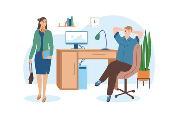 Workplace blue concept with people scene in the flat cartoon design. Manager inspects the employees work place. Vector illustration.