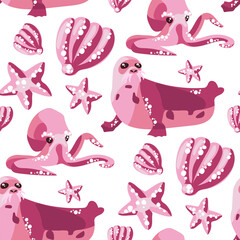 Vector print with a seamless pattern of pink octopus, seal, shell, star on a white background. Marine animals swim. Design of vector illustrations for fashionable fabrics, textile graphics, prints